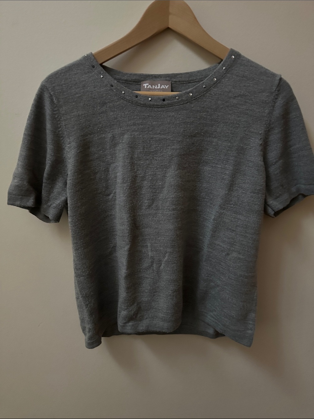 2/$20 TanJay Petites Gray Short Sleeve Knit Top with Stud Accents